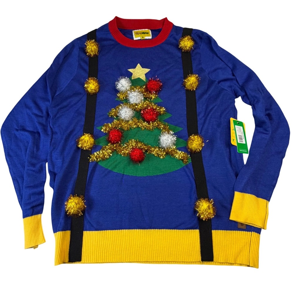 NWT Tipsy Elves Ugly Christmas Sweater XXL Tree Pom Pom Suspenders Holiday